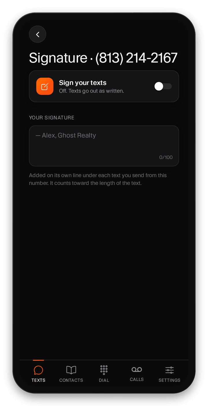 Ghost app text signature settings adding a signature line to outgoing texts